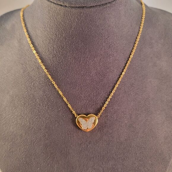 New Gold Sparkle Butterfly Heart Pendant Necklace - Picture 7 of 9